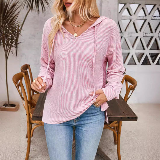 Damen lässiger Sweater mit V-Ausschnitt und Kordelzug