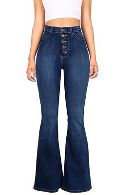 Damen High-Waist Flared Jeans mit dekorativen Knopfdetails und elastischem Bund Shopnory