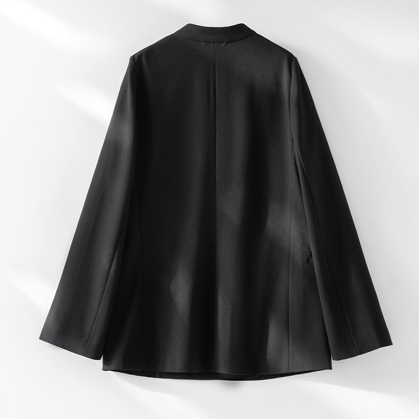 Damen kragenloser Longline-Blazer mit offenem V-Ausschnitt und Eingrifftaschen Shop Nory