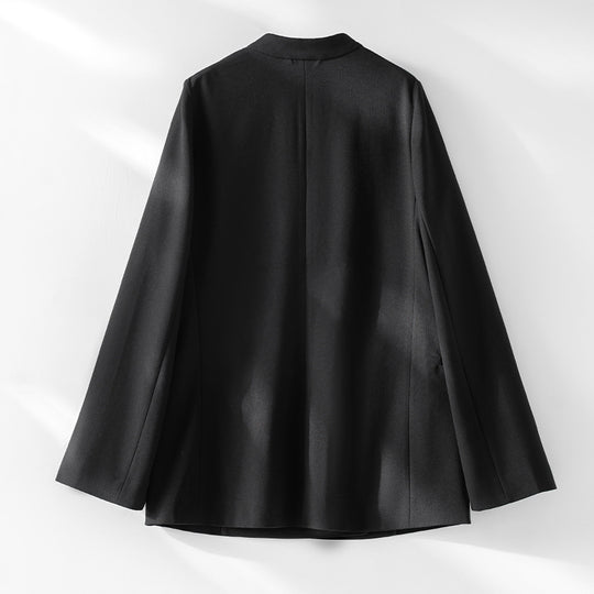 Damen kragenloser Longline-Blazer mit offenem V-Ausschnitt und Eingrifftaschen Shop Nory