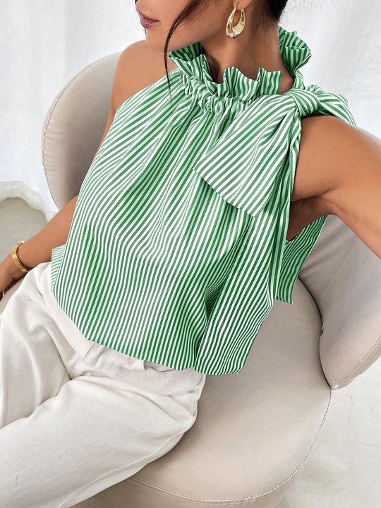 Damen Ärmellose Crêpe-Bluse mit gerafftem Stehkragen und Schulter-Schleife Shop Nory