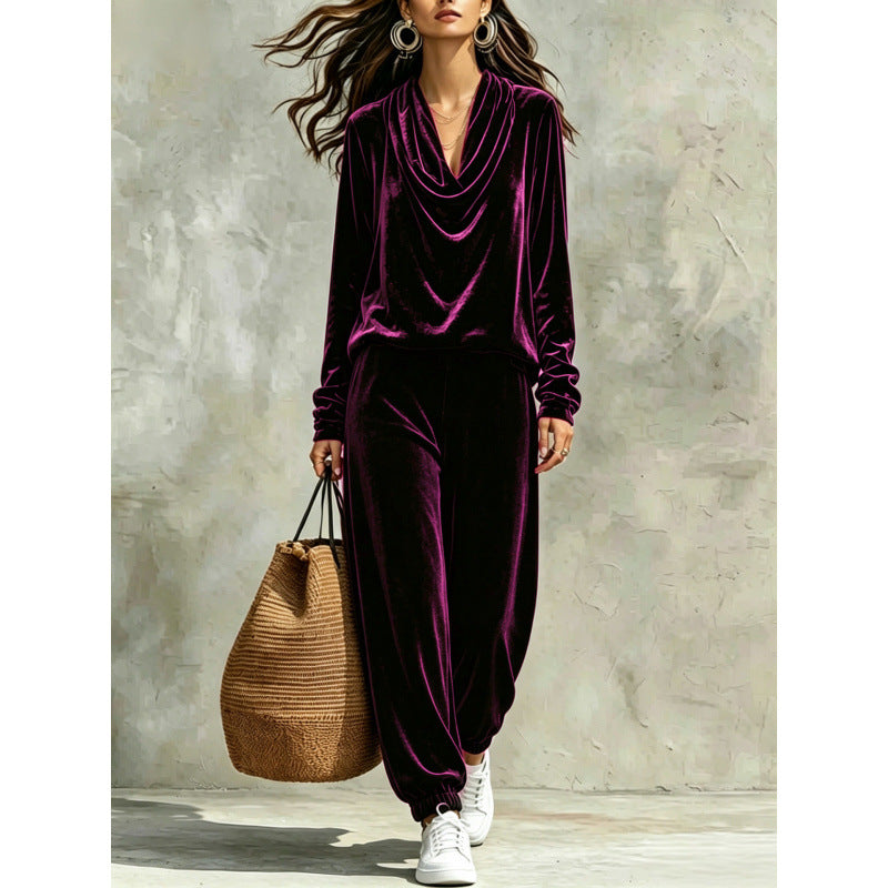 Damen Samt-Lounge-Set mit Wasserfallkragen und Jogger-Hose Shop Nory