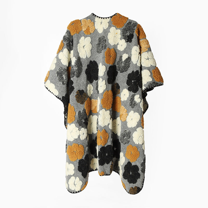 Damen Floraler Wollmix-Überwurf im Deckenponcho-Stil mit strukturiertem Blumen‑Jacquard und Zierkettelung Shop Nory
