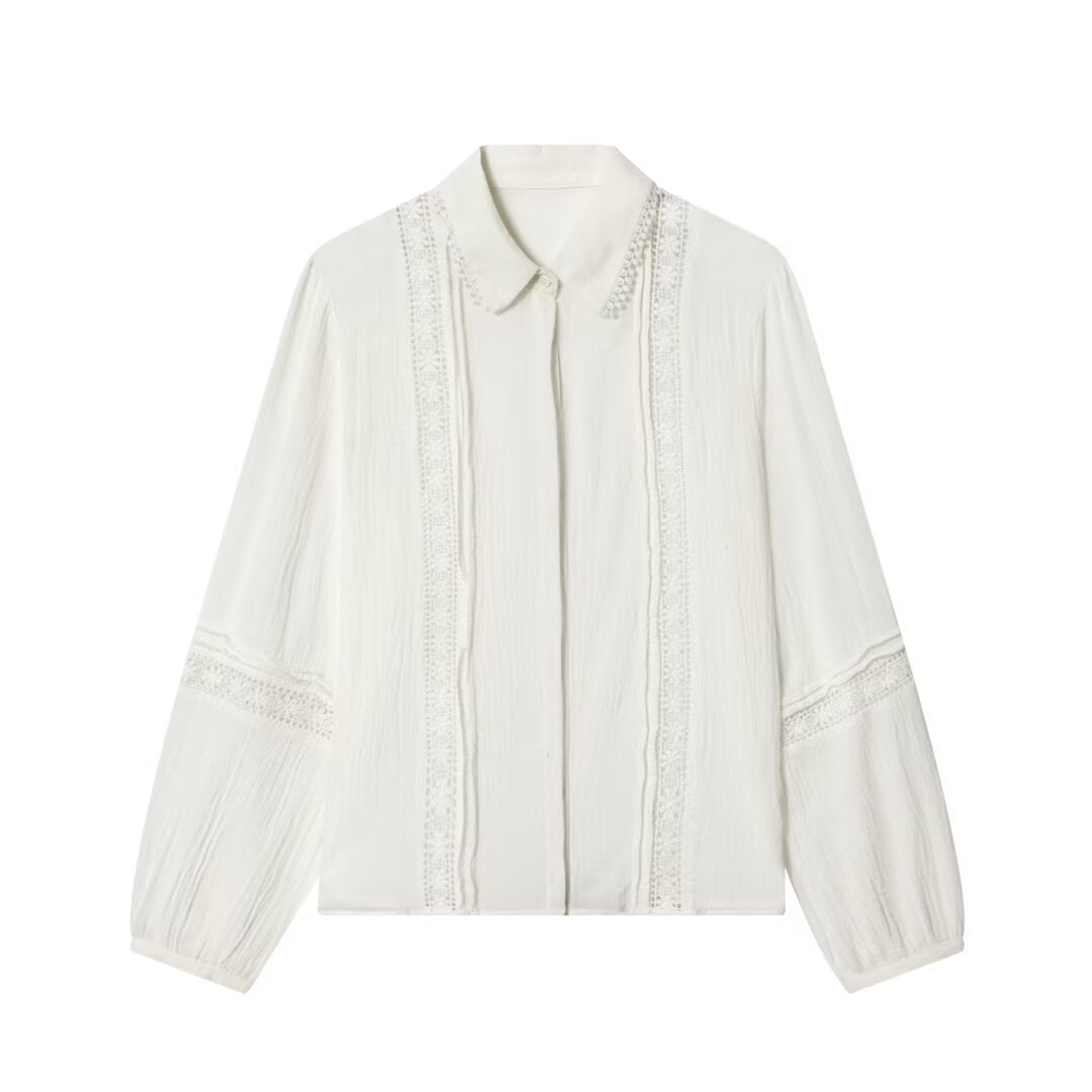 Damen Bluse mit zarter Spitzenapplikation, verdeckter Knopfleiste und Ballonärmeln Shop Nory