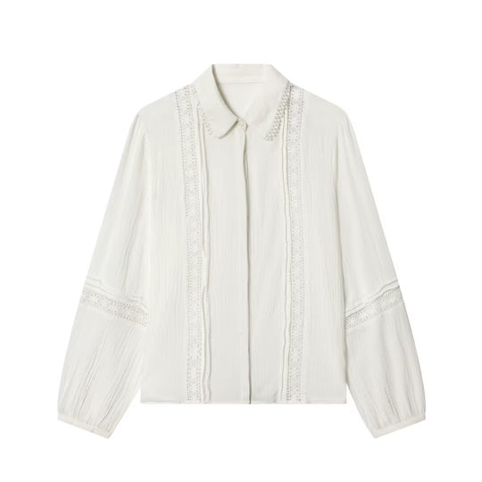 Damen Bluse mit zarter Spitzenapplikation, verdeckter Knopfleiste und Ballonärmeln Shop Nory