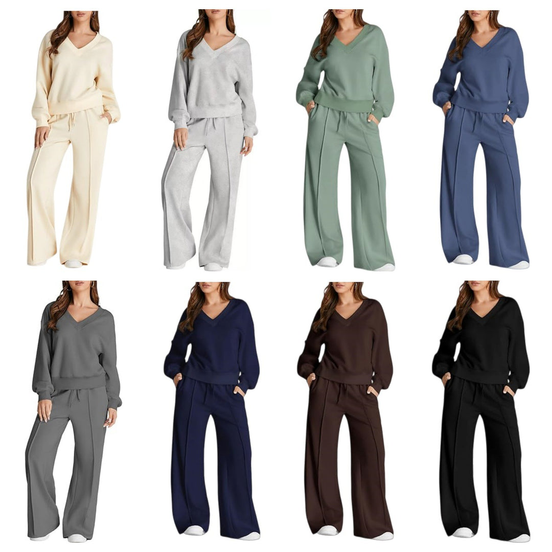 Damen Lässiges V-Ausschnitt Freizeit-Set mit weiter Jogginghose Shop Nory
