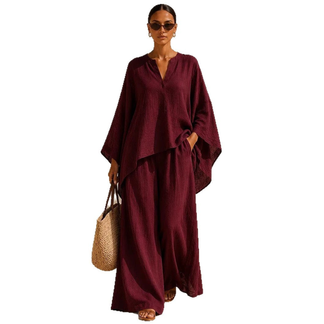 Damen Leichte Leinenmischung Übergroße Kaftan-Oberteil und Kordelzug Weitbein-Hosen Set Shop Nory