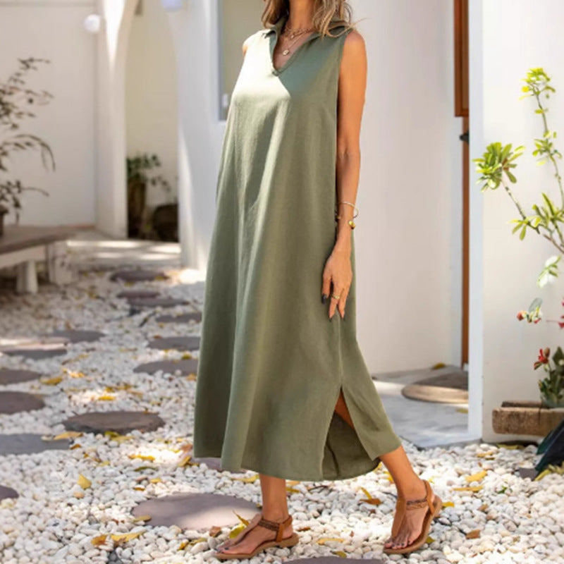 Damen Lässiges Maxikleid mit seitlichen Schlitzen und modischem Kragen Shopnory
