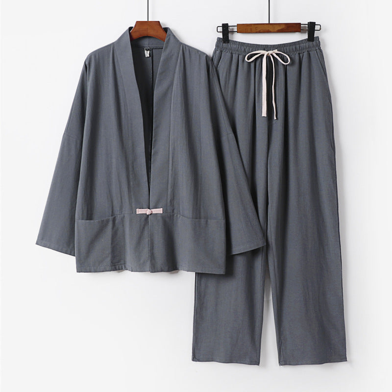 Herren Zen-inspiriertes Kimono-Loungewear-Set aus leichter Baumwollmischung mit offenem Schnitt und Kordelbundhose Shop Nory