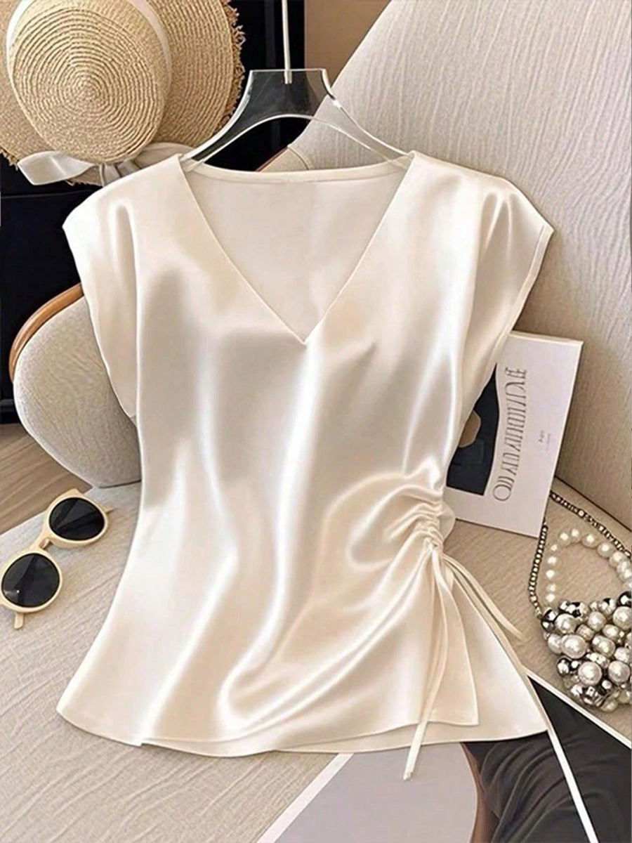 Damen Satinbluse mit seitlichem Kordelzug und V-Ausschnitt
