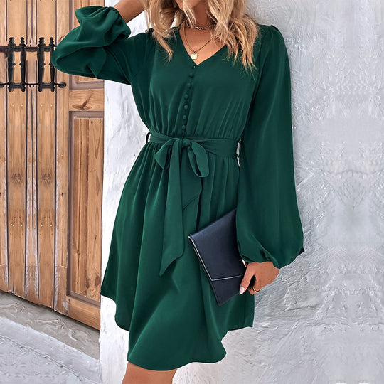Damen V-Ausschnitt Kleid mit Bindegürtel, Knopfleiste & Ballonärmeln Shop Nory