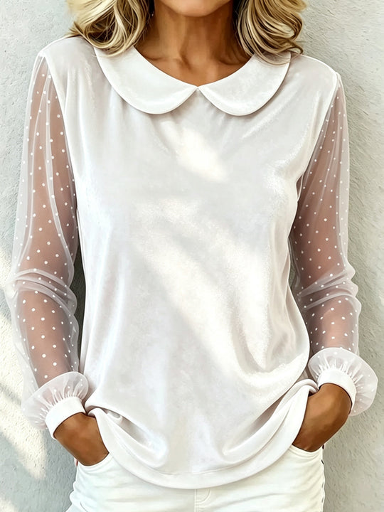 Damen Kuschelige Samtbluse mit Peter-Pan-Kragen und gepunkteten Mesh-Ärmeln Shop Nory
