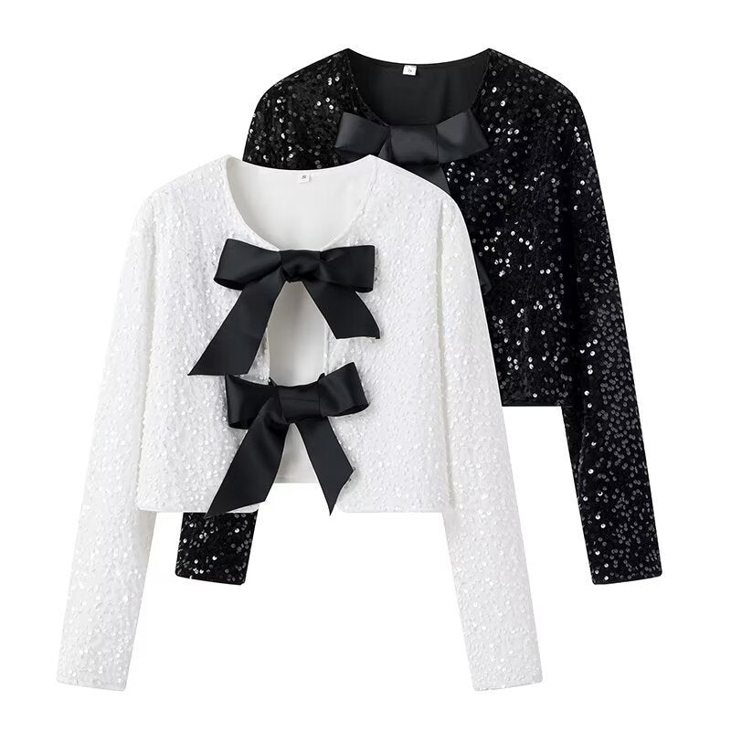 Damen Kurze Paillettenjacke mit Zierschleifen, Rundhalsausschnitt und langen Ärmeln Shop Nory