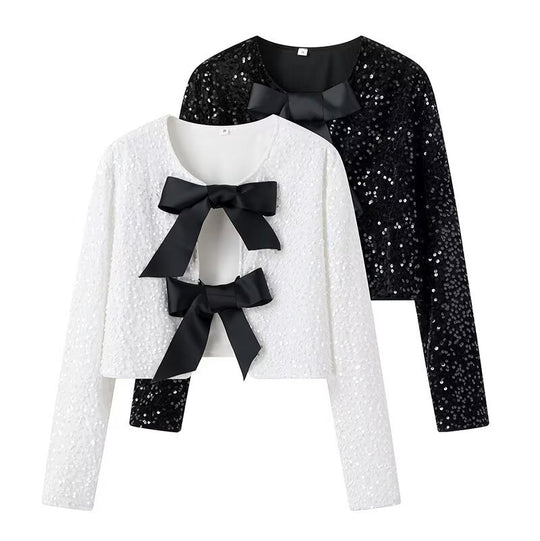 Damen Kurze Paillettenjacke mit Zierschleifen, Rundhalsausschnitt und langen Ärmeln Shop Nory