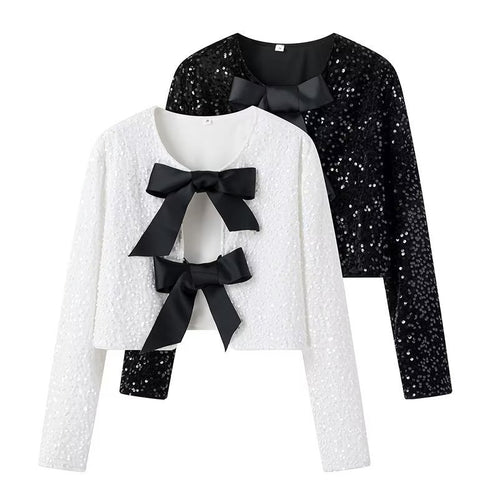 Damen Kurze Paillettenjacke mit Zierschleifen, Rundhalsausschnitt und langen Ärmeln Shop Nory