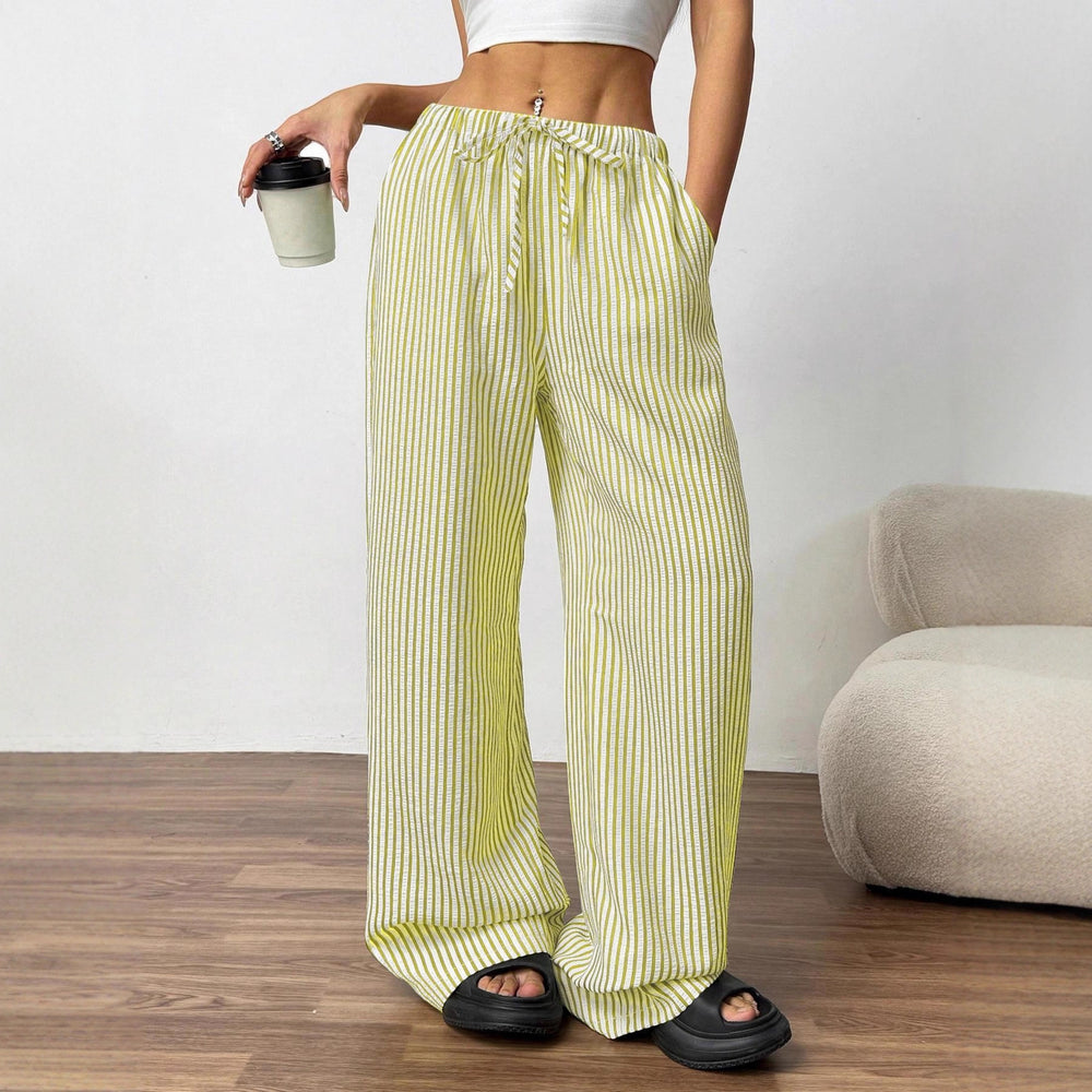 Damen Weite Highwaist-Hose mit Tunnelzug Streifen-Leinenoptik und Eingrifftaschen Shop Nory