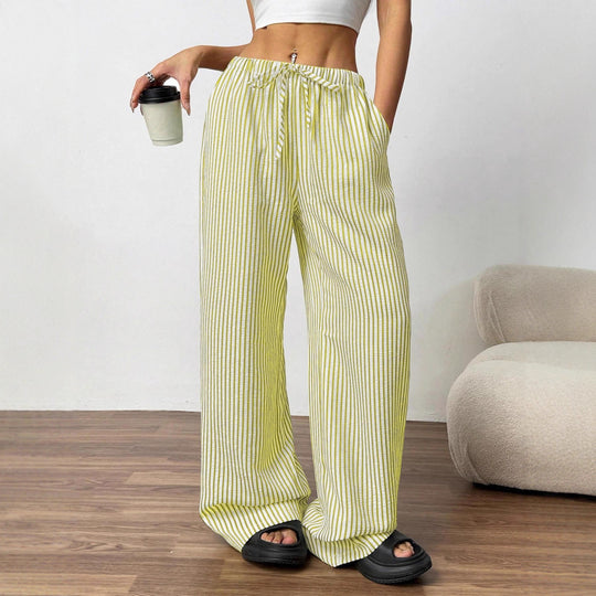 Damen Weite Highwaist-Hose mit Tunnelzug Streifen-Leinenoptik und Eingrifftaschen Shop Nory