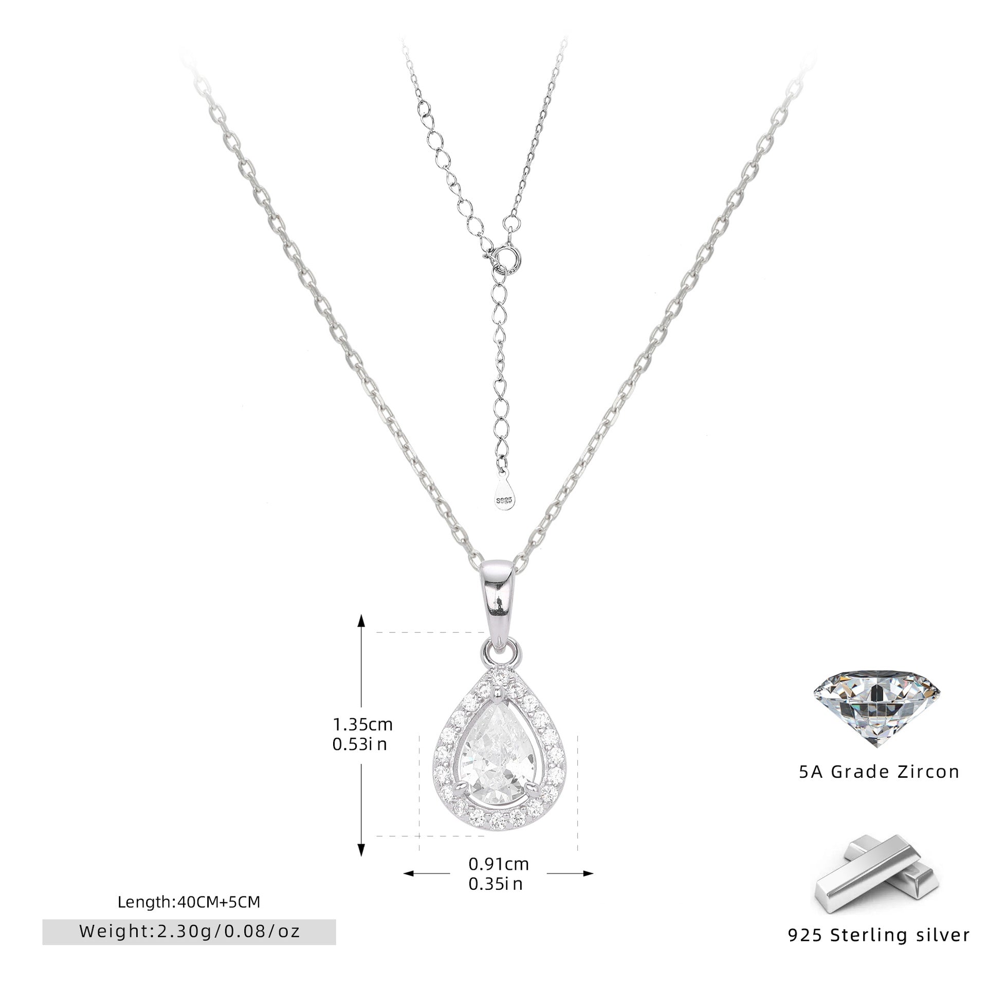 Damen Halskette mit tropfenförmigem Zirkonanhänger aus 925 Sterlingsilber und elegantem Design Shop Nory
