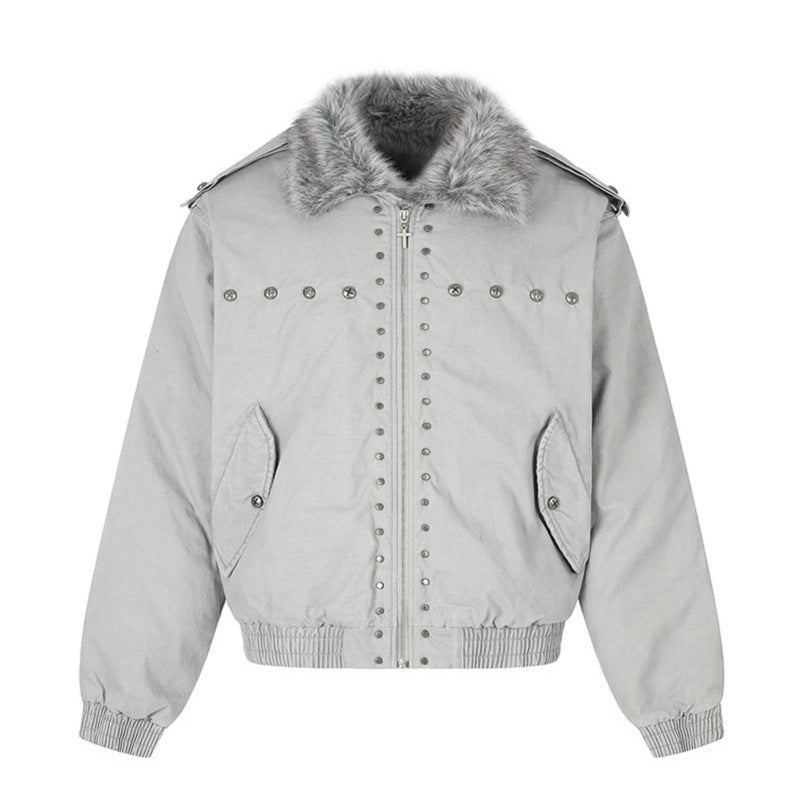 Damen wattierte Bomberjacke mit Kunstfellkragen, Nietenapplikation und Schulterklappen Shop Nory