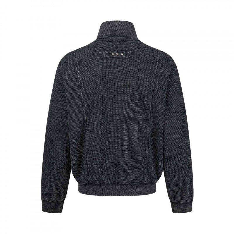 Unisex Grobgestrickte Zip‑Bomberjacke mit Stehkragen, Nieten‑Detail und Reißverschlusstaschen Shop Nory