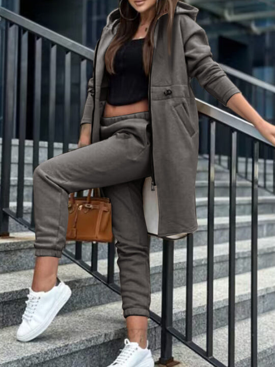 Damen Kapuzenmantel und High-Waist Jogginghose Lounge-Set Shop Nory