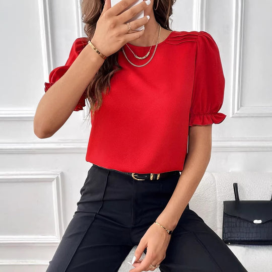 Damen Elegante Chiffonbluse mit Puffärmeln und dekorativen Schulterfalten Shop Nory