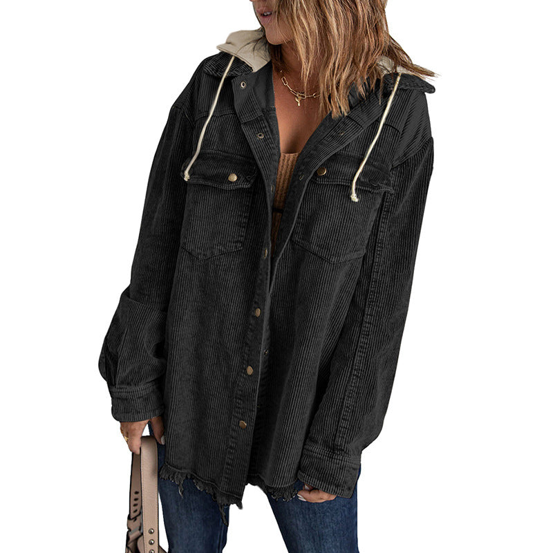 Shopnory | Jacke mit Kapuze Oversized Fit Cord-Textur Knopfverschluss Fransenrand