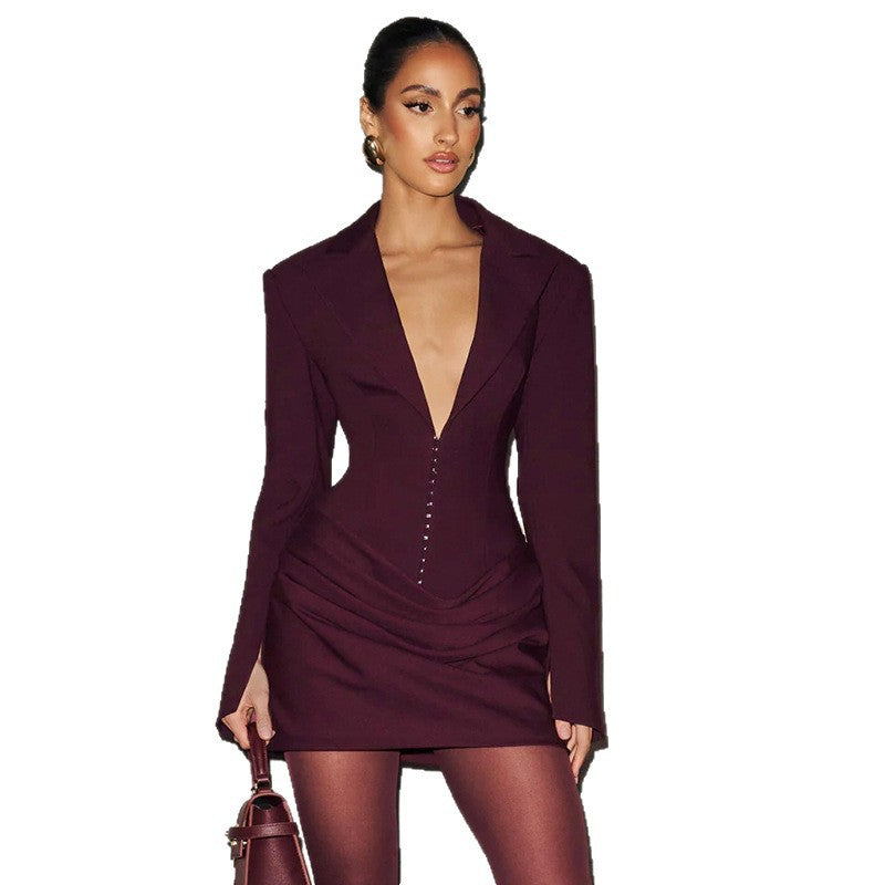 Damen Blazer-Minikleid mit tiefem V-Ausschnitt und eleganter Silhouette Shopnory