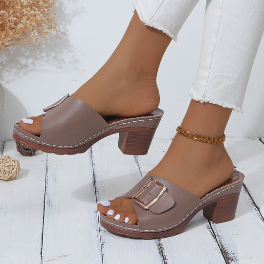 Damen Offene Slip-On Mules mit mittelhohem Blockabsatz und großer Zierschnalle Shop Nory