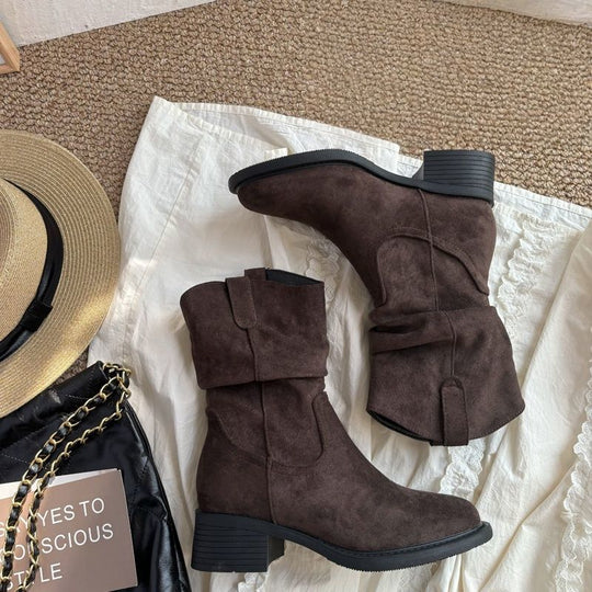 Damen Slouch-Stiefel aus Veloursleder mit gerafftem Schaft Shop Nory
