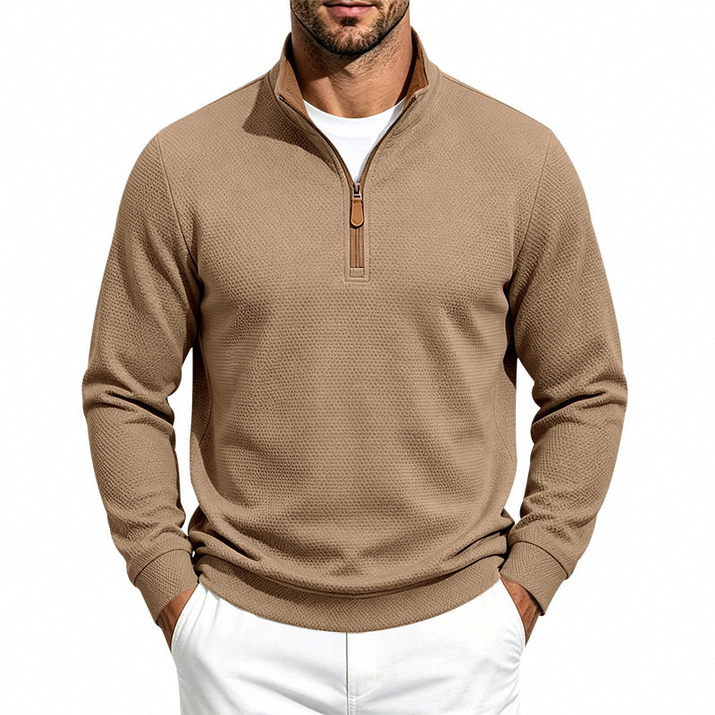 Herren Waffelstruktur-Halbzip-Sweatshirt mit Stehkragen, Kontrastfutter und Lederzipper Shop Nory