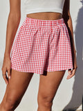 Damen luftige Karoshorts mit elastischem Bund und seitlichen Taschen Shopnory