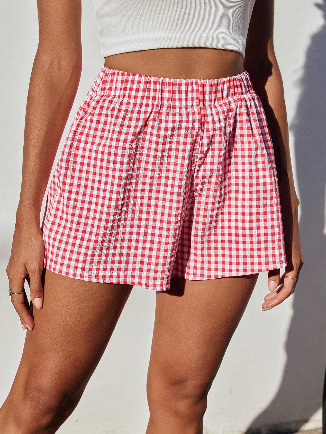 Damen luftige Karoshorts mit elastischem Bund und seitlichen Taschen Shopnory