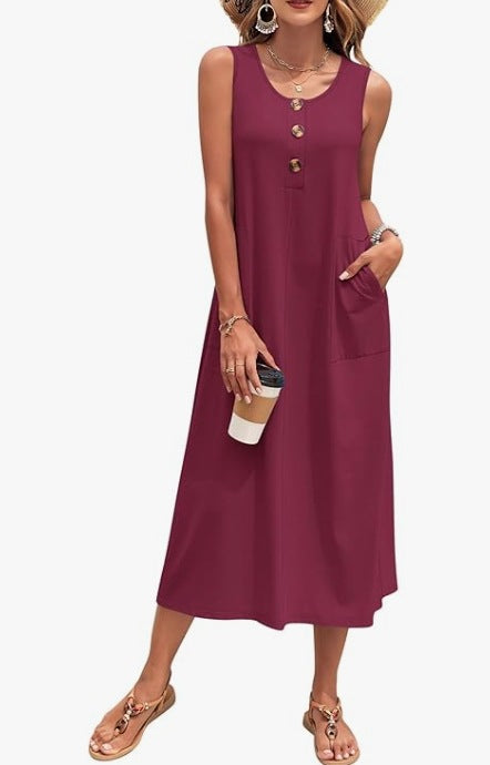 Damen Lässiges Midikleid mit Taschen und Knopfdetails Shopnory