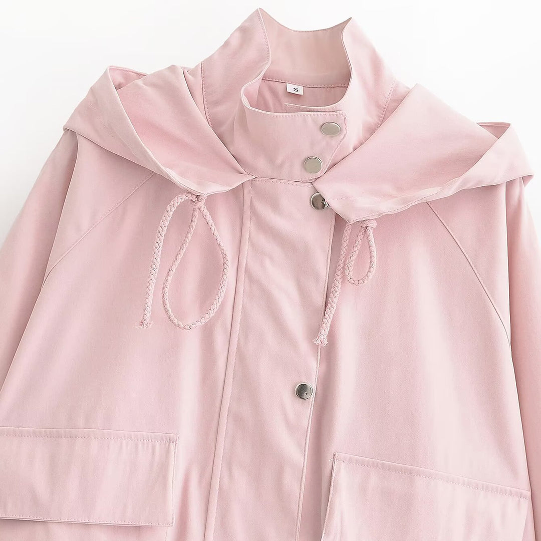 Damen Kurze wasserabweisende Kapuzenjacke mit Tunnelzug, Druckknopfleiste und Pattentaschen Shop Nory