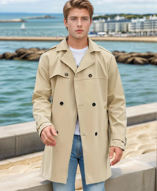 Herren nan urbaner Regenmantel im Trench-Stil mit doppellagiger Sturmklappe und verstellbaren Manschetten Shop Nory