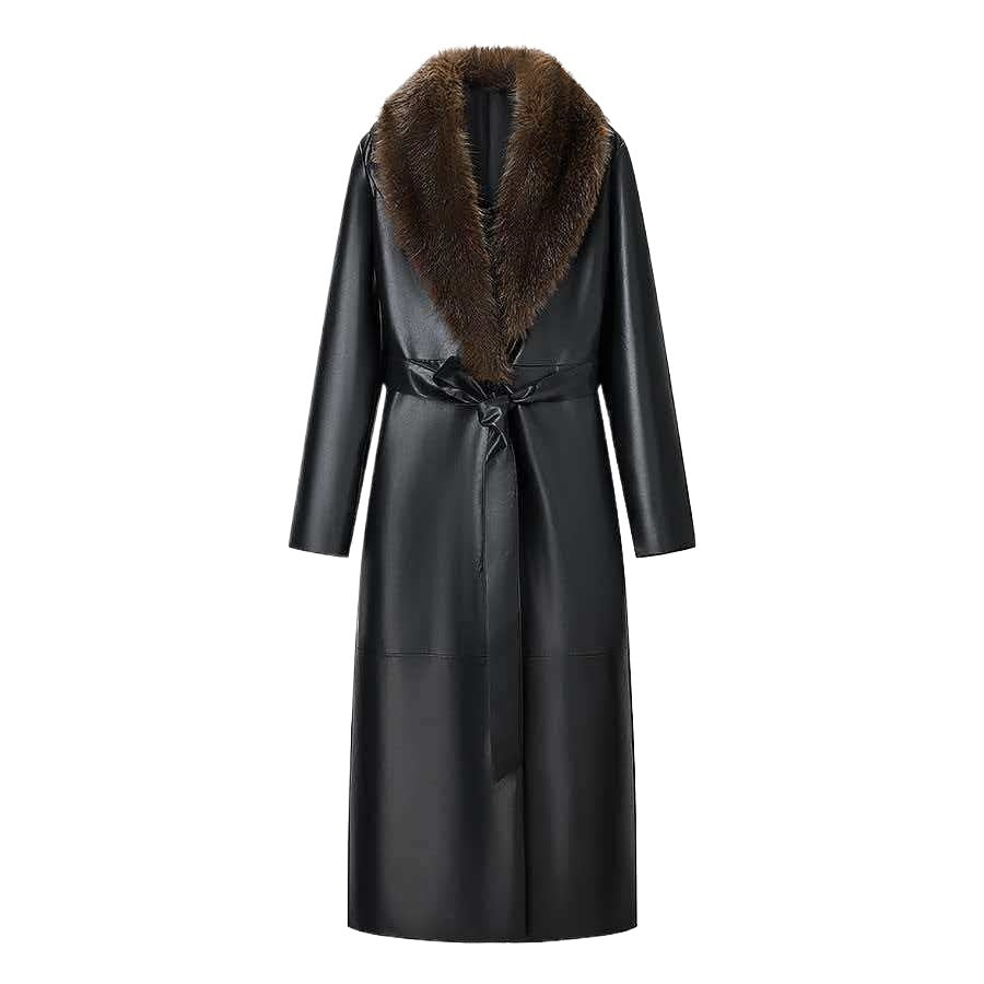 Damen Langer Ledermantel mit abnehmbarem Fellkragen und minimalistischer Silhouette Shop Nory