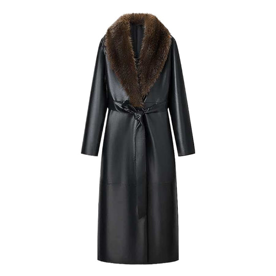 Damen Langer Ledermantel mit abnehmbarem Fellkragen und minimalistischer Silhouette Shop Nory