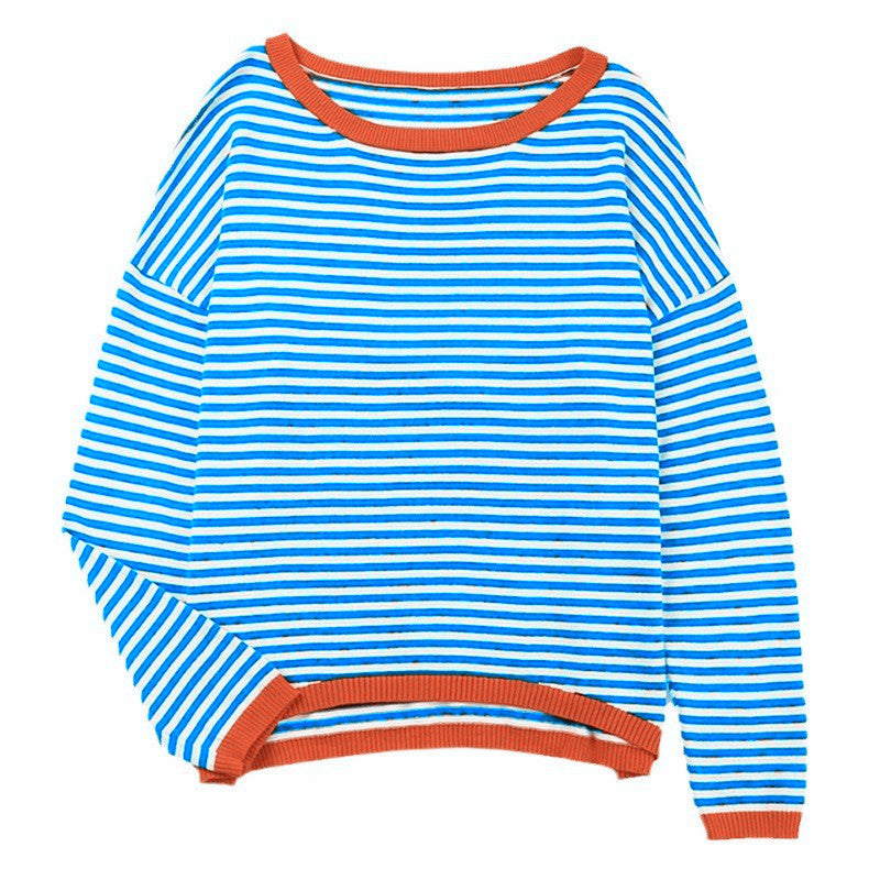 Damen nan gestreifter Baumwollpullover mit Rundhalsausschnitt, legerer Passform und gerippten Abschlüssen Shop Nory