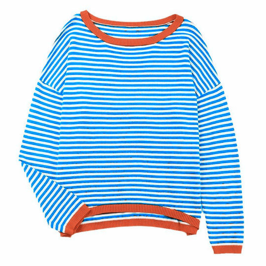 Damen nan gestreifter Baumwollpullover mit Rundhalsausschnitt, legerer Passform und gerippten Abschlüssen Shop Nory
