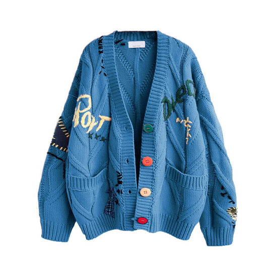 Damen Stylischer Strickcardigan mit bunten Knöpfen und aufwendigem Design