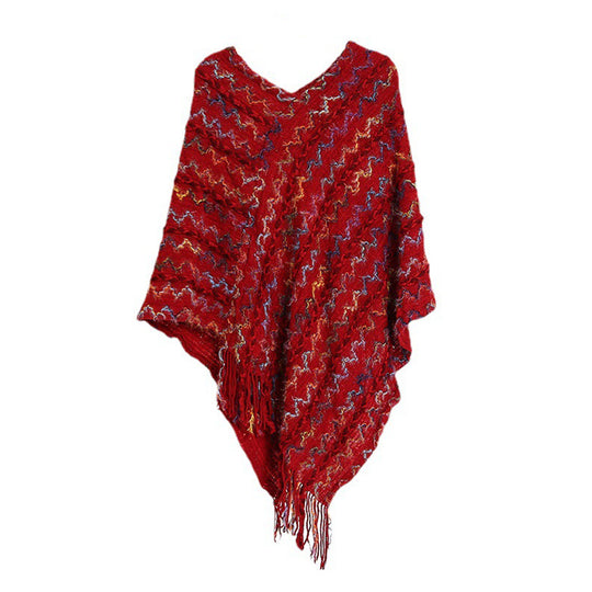 Damen Gestrickter V-Ausschnitt-Poncho mit Fransen und Strukturjacquard Shop Nory