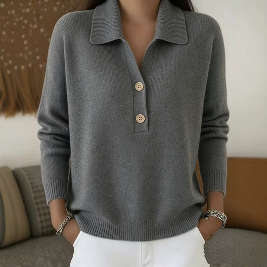 Damen lässiger Feinstrickpullover mit Polokragen und Zwei-Knopf-Leiste Shop Nory