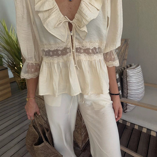 Damen Romantische Leinenbluse mit Volants, Spitzen-Einsätzen & Kordelverschluss Shop Nory