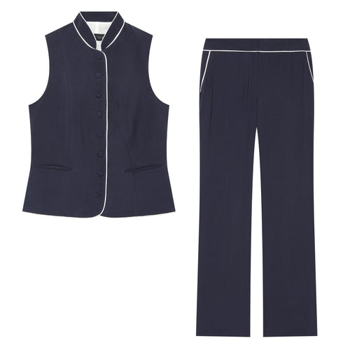 Damen Weite High‑Waist Stoffhose mit Kontrastpaspel und geradem Bein Shop Nory