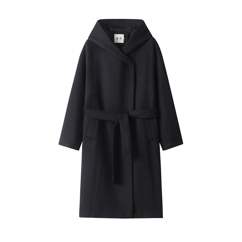 Damen Maxi-Mantel mit überzogener Kapuze, Bindegürtel und minimalistischer Wollmix‑Silhouette Shop Nory