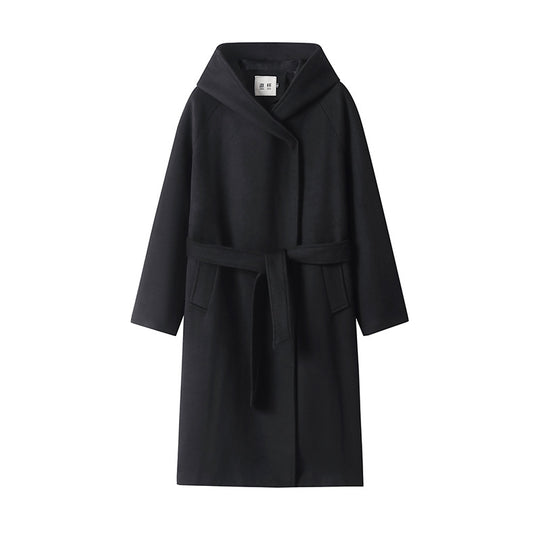Damen Maxi-Mantel mit überzogener Kapuze, Bindegürtel und minimalistischer Wollmix‑Silhouette Shop Nory