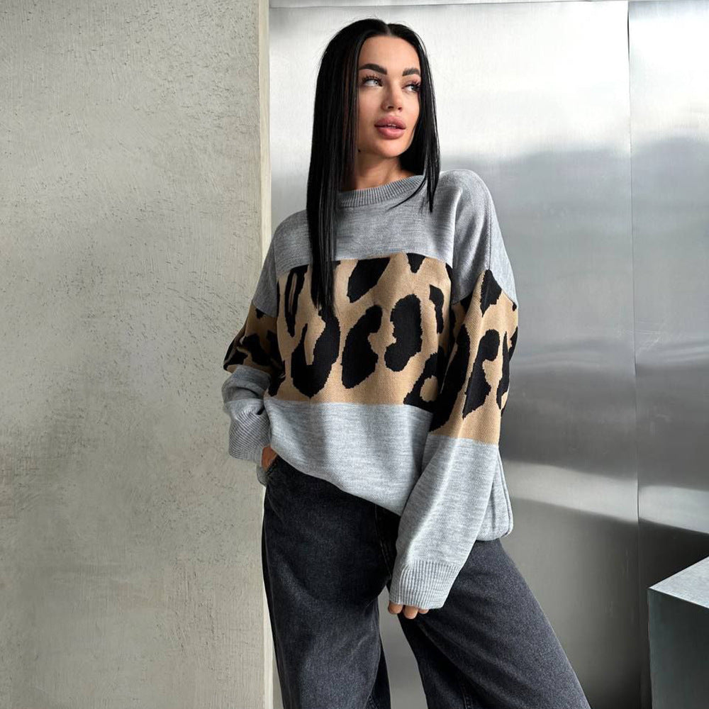 Damen Oversized Strickpullover mit Leoparden-Bahnen, überschnittener Schulter und geripptem Saum Shop Nory