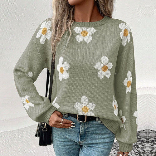 Damen Gemusterter Strickpullover mit Blumenmotiv Shop Nory