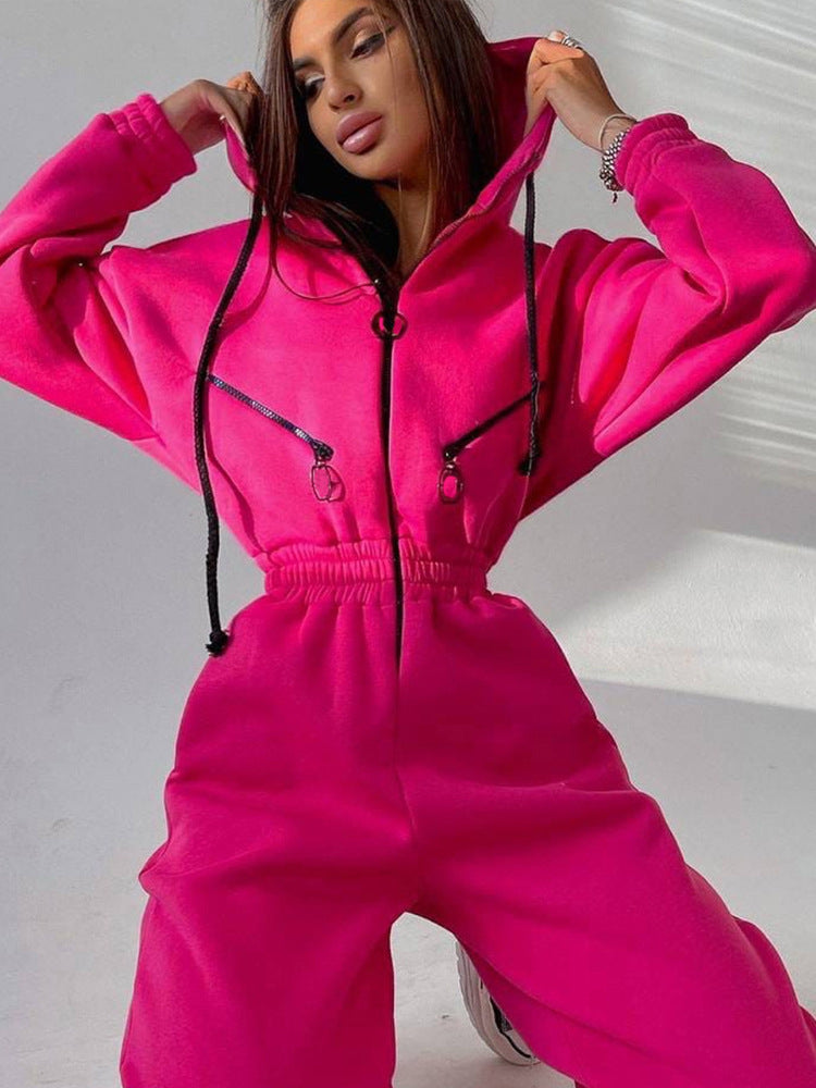 Damen Taillierter Kapuzen-Sweat-Jumpsuit mit Reißverschluss und elastischem Taillenbund Shop Nory
